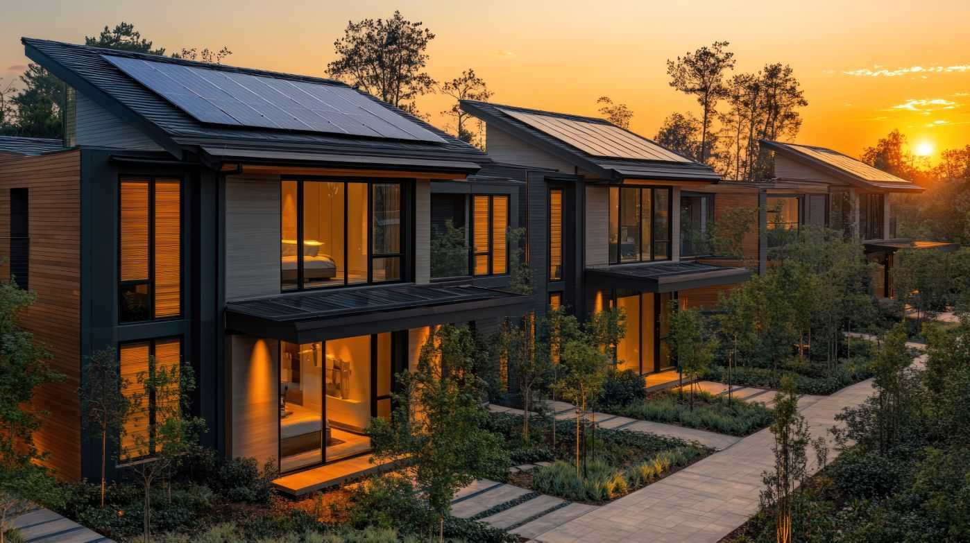 Luxury Eco-Friendly Homes at Sunset: Modern Architecture with Solar Panels